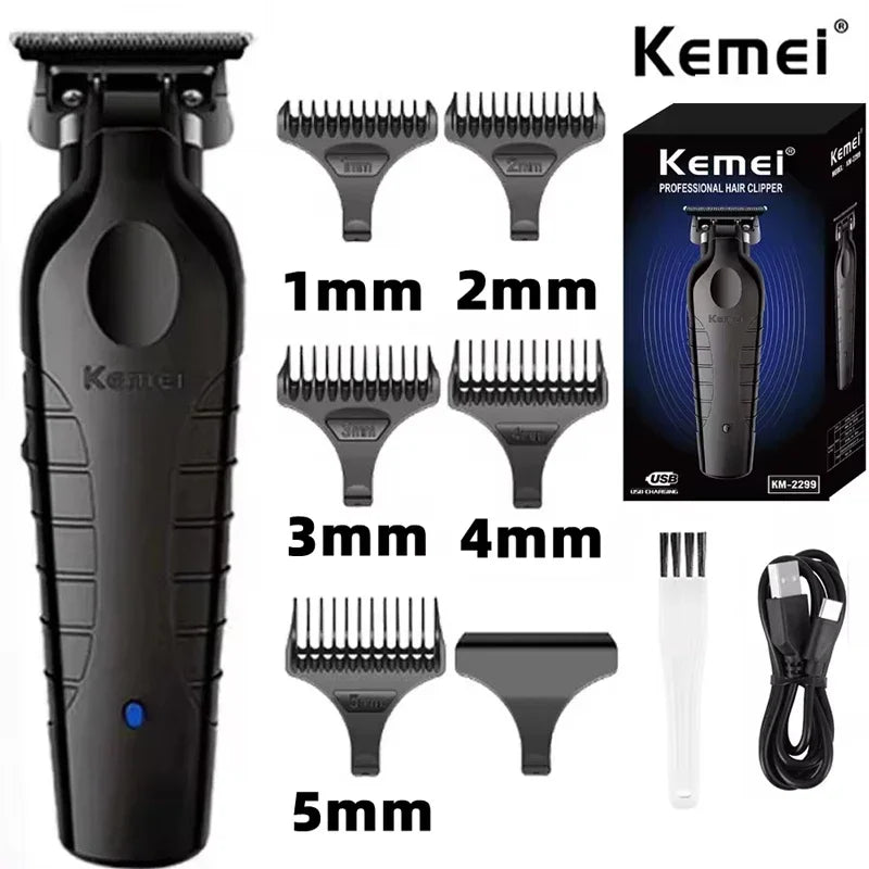 A black Kemei professional cordless hair clipper with various guard attachments and charging cable.