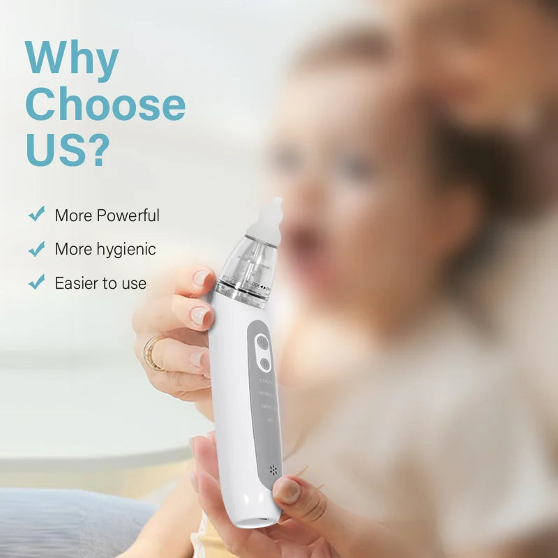 A person holds a white electric nasal aspirator device, demonstrating its features for hygiene and ease of use.