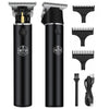 A black professional cordless hair clipper set featuring a main body and multiple trimming attachments.