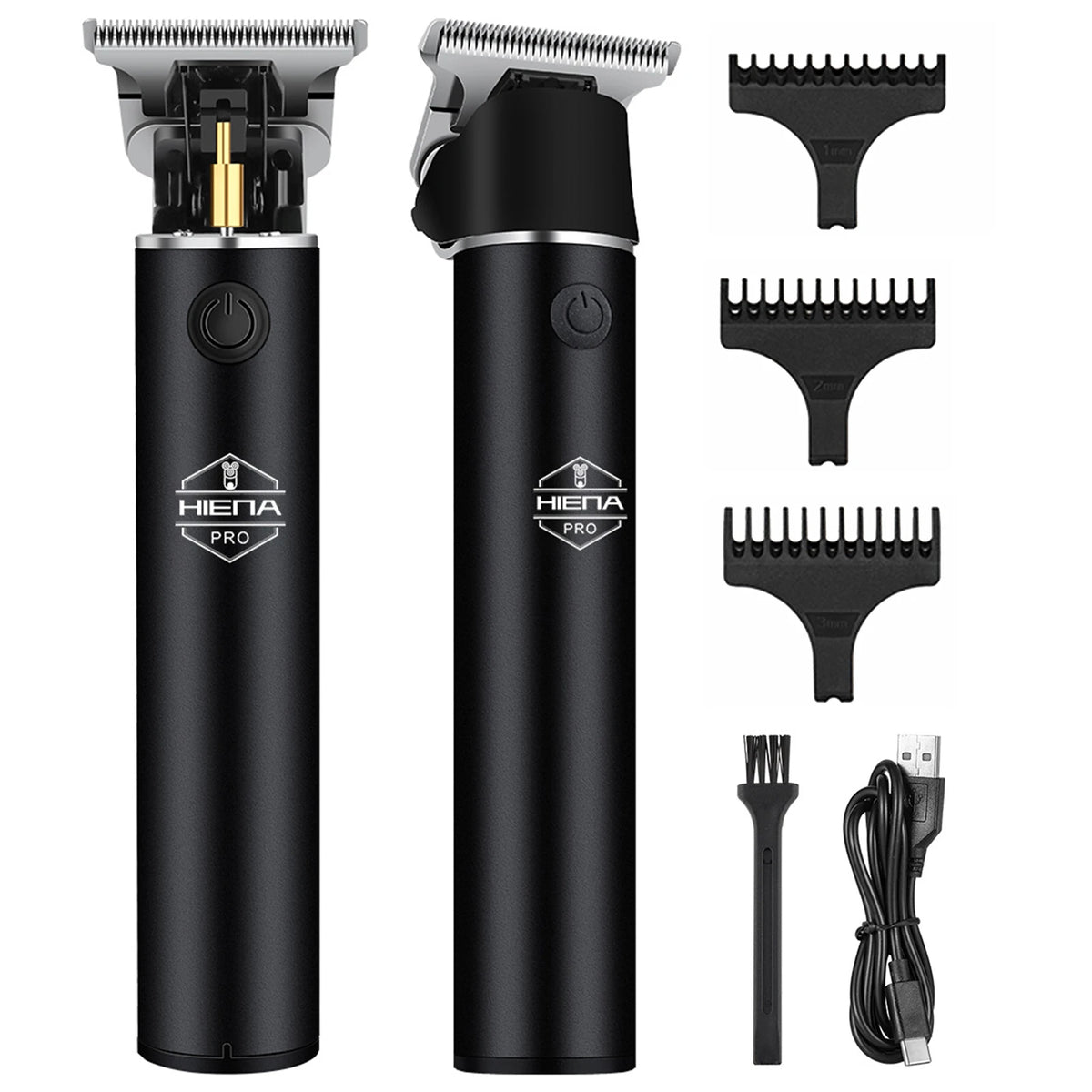 A black professional cordless hair clipper set featuring a main body and multiple trimming attachments.