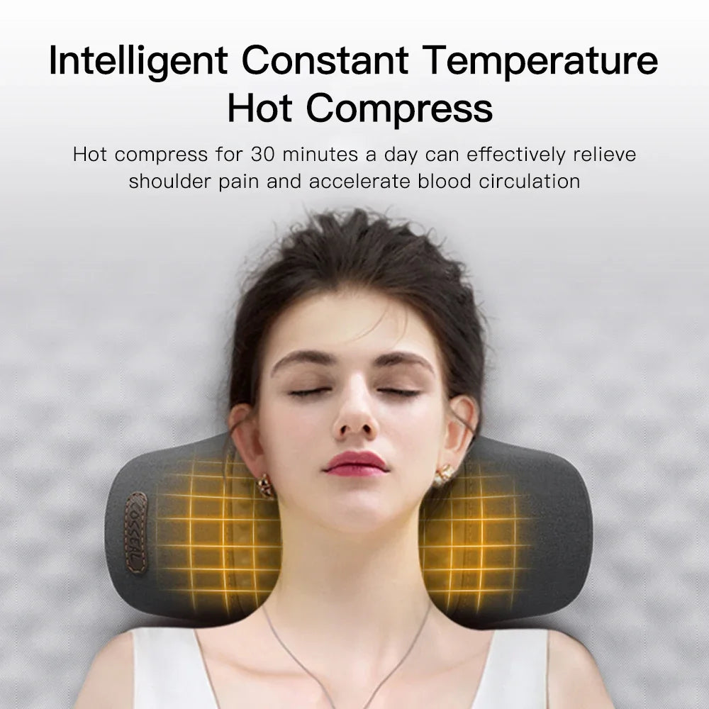 A woman is using an intelligent constant temperature hot compress device on her neck for relief and relaxation.