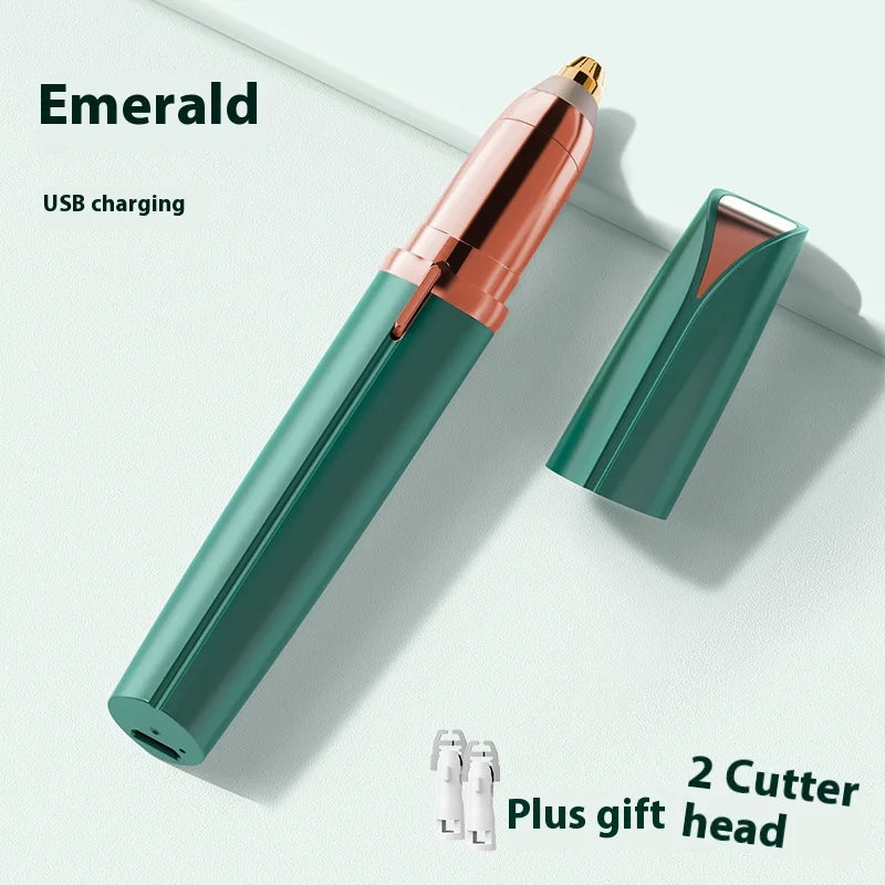 Emerald electric eyebrow trimmer with USB charging cable and a spare cutter head