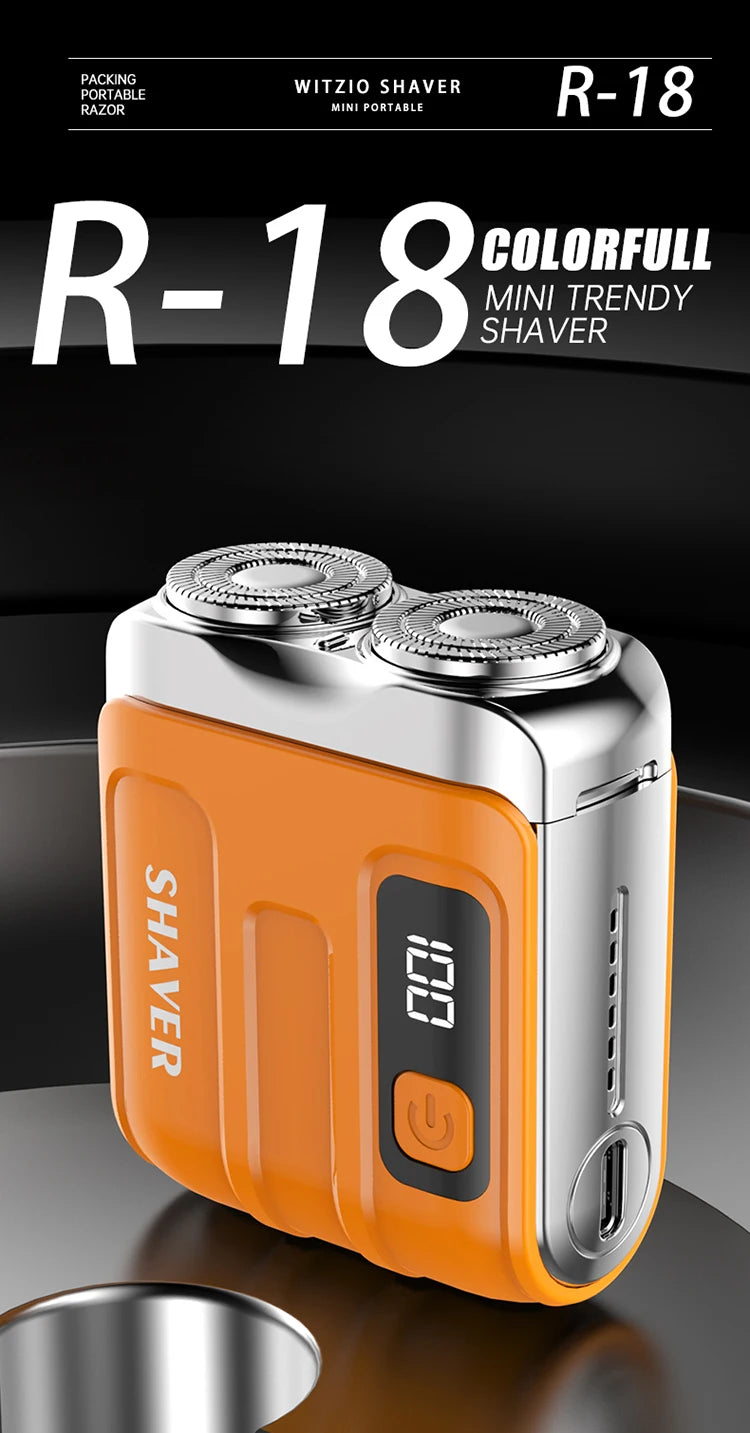 An orange and silver Witzio shaver R-18 is shown on a dark surface.