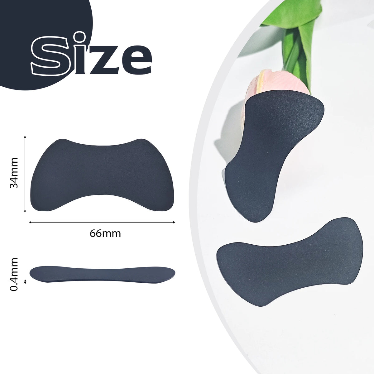 Black reusable silicone lash lift shield eye pads shown next to a measurement scale.