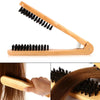 A wooden double-sided hair comb with black bristles shown in various angles.