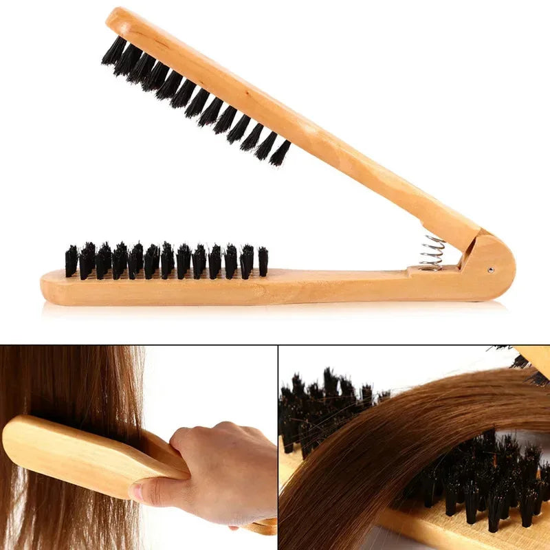 A wooden double-sided hair comb with black bristles shown in various angles.