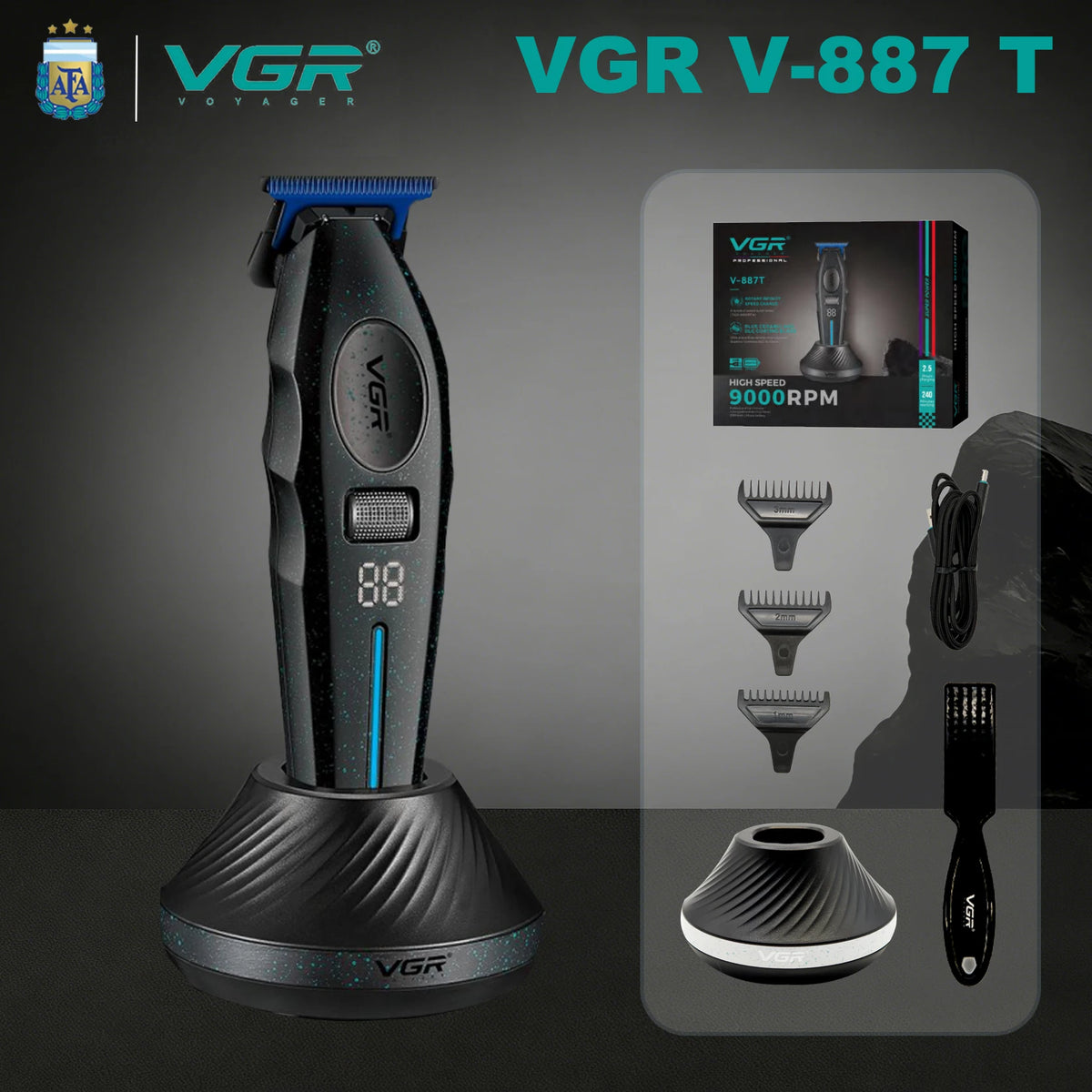 Máquina profesional de cortar pelo VGR V-887 recargable con varios accesorios y empaque.