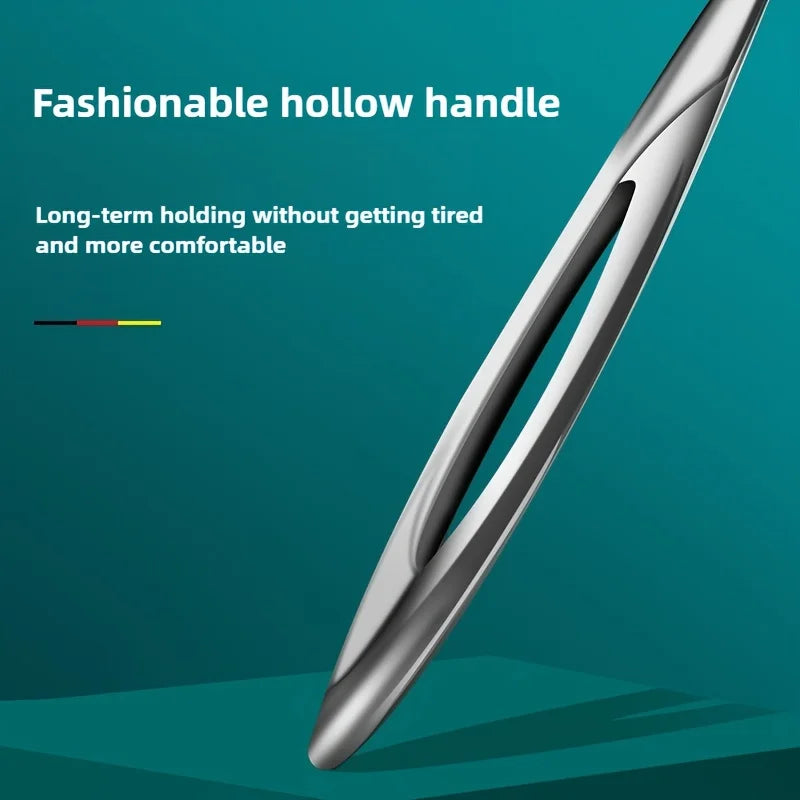 Close-up of a stainless steel cuticle pusher with a fashionable hollow handle against a teal background.