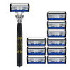 A black and silver premium stainless steel shaver with multiple shaving heads displayed.