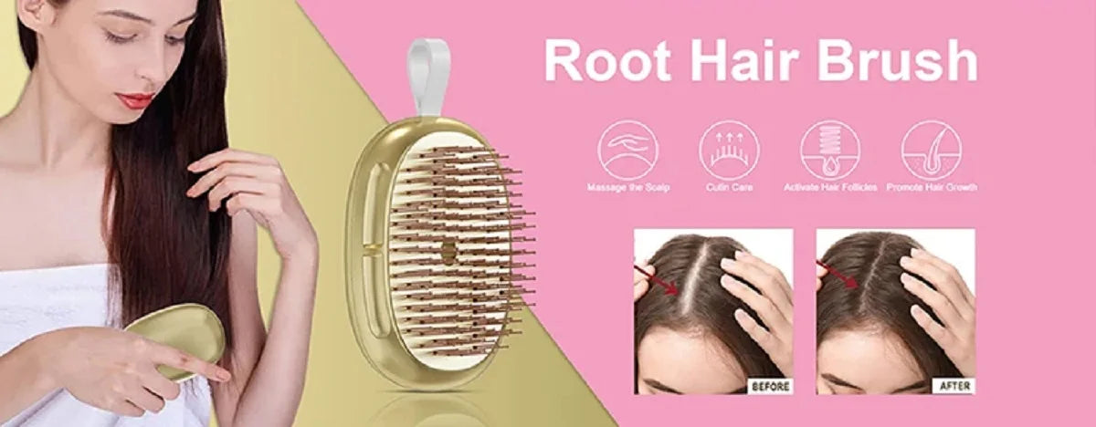 Goldfarbiger Wurzelbürsten zeigt, wie sie für Kopfmassage und Haarpflege nützlich ist.