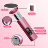 A pink rechargeable electric foot file callus remover device showing various parts and features like the grinding head and ba