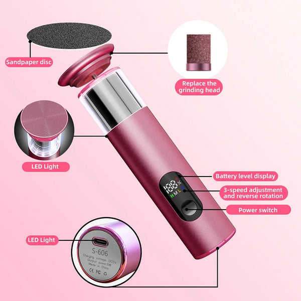 A pink rechargeable electric foot file callus remover device showing various parts and features like the grinding head and ba