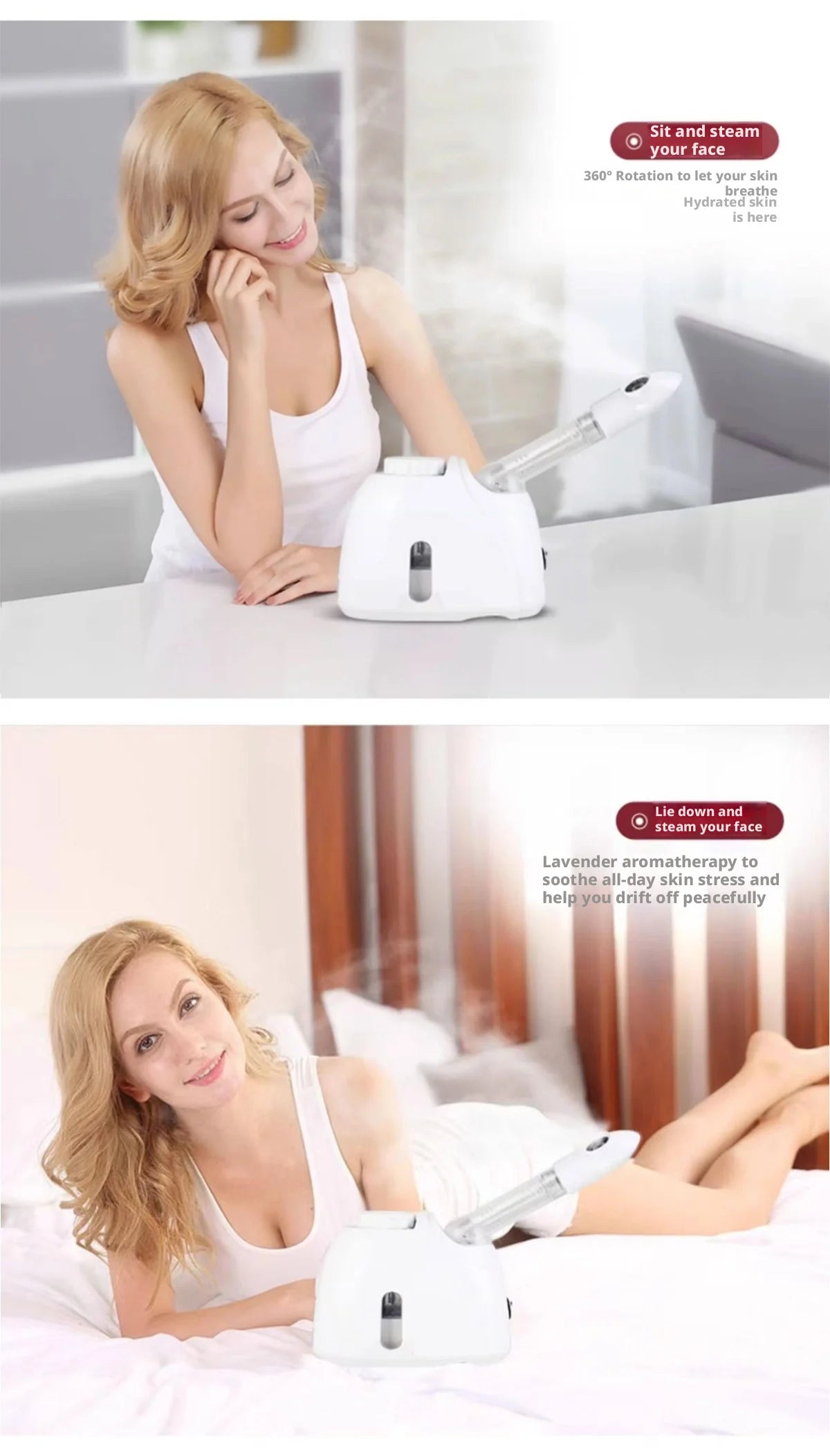 A woman is using a white facial steamer device to treat her face while sitting and steaming.