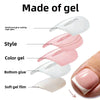 Un set de uñas en gel mostrando componentes como pegamento reforzado, gel de color, pegamento inferior y película de gel suav