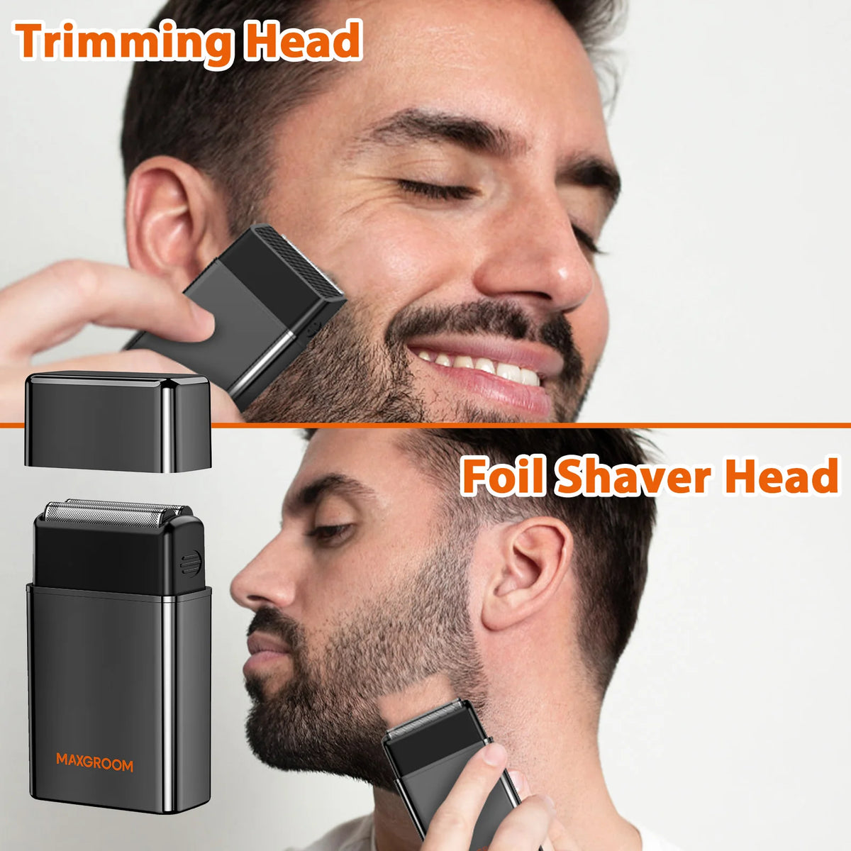 Close-up of a men's electric shaver head and foil shaver head for grooming.