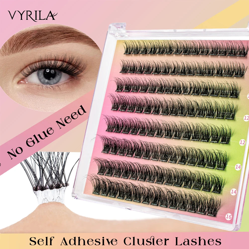 A display of various self adhesive cluster lashes in different lengths and styles for DIY eyelash extensions.