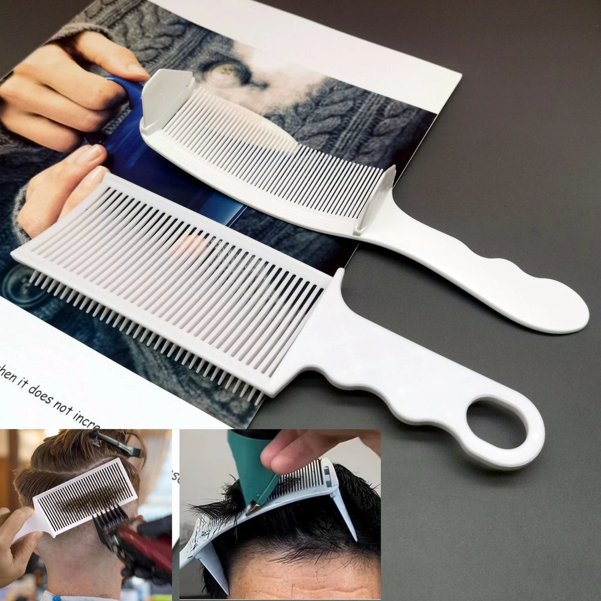A set of professional flat top hair cutting combs shown in various angles and contexts.