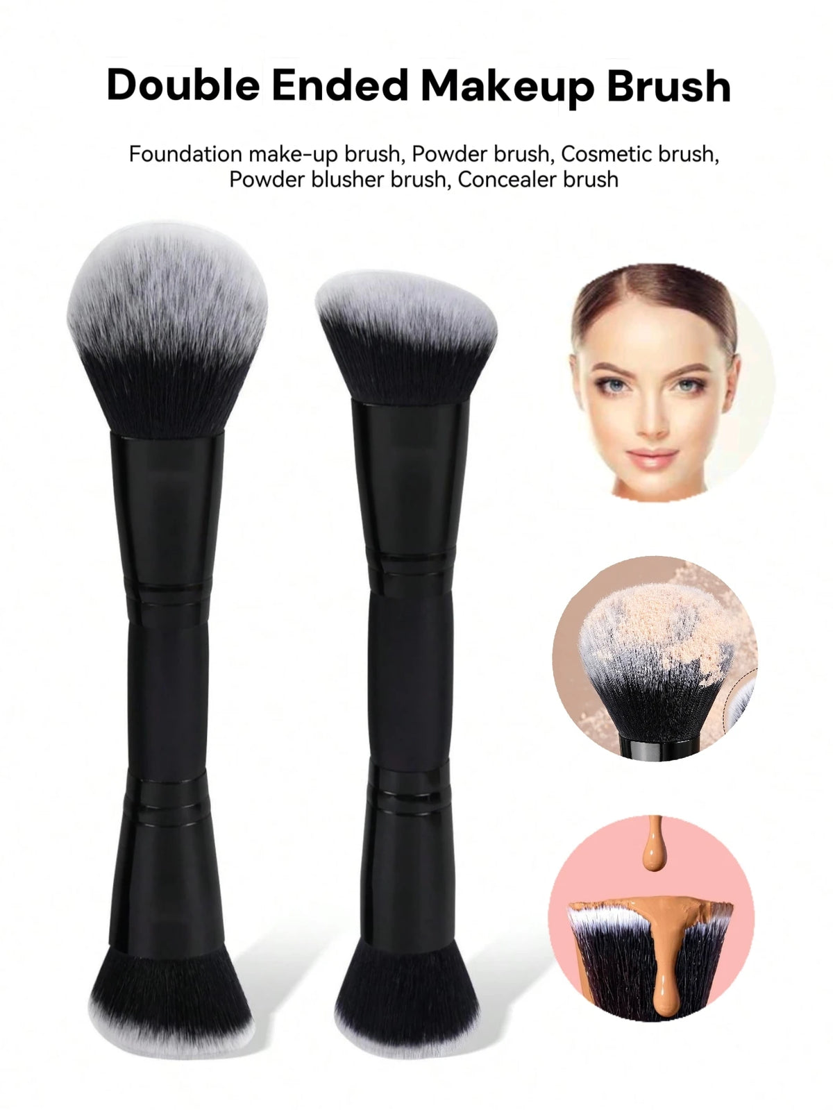 Un paire de pinceaux de maquillage noirs à double extrémité avec des poils synthétiques pour fond de teint, poudre et correct
