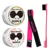 A kit for professional edge control styling wax featuring a pink brush and two containers of Goiple product.