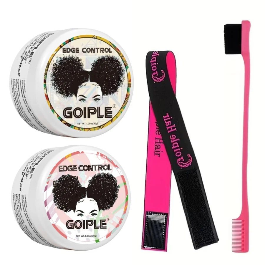 A kit for professional edge control styling wax featuring a pink brush and two containers of Goiple product.