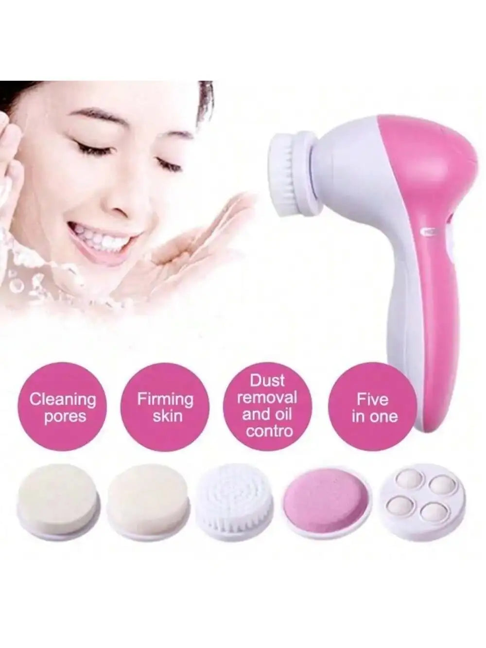 Pink electric facial cleansing brush with multiple silicone attachments for skin massage and cleaning