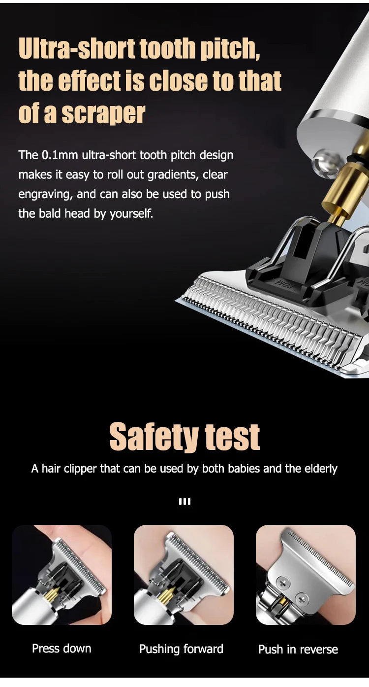 Close-up view of a professional rechargeable hair clipper demonstrating press down, pushing forward, and pushing in reverse t
