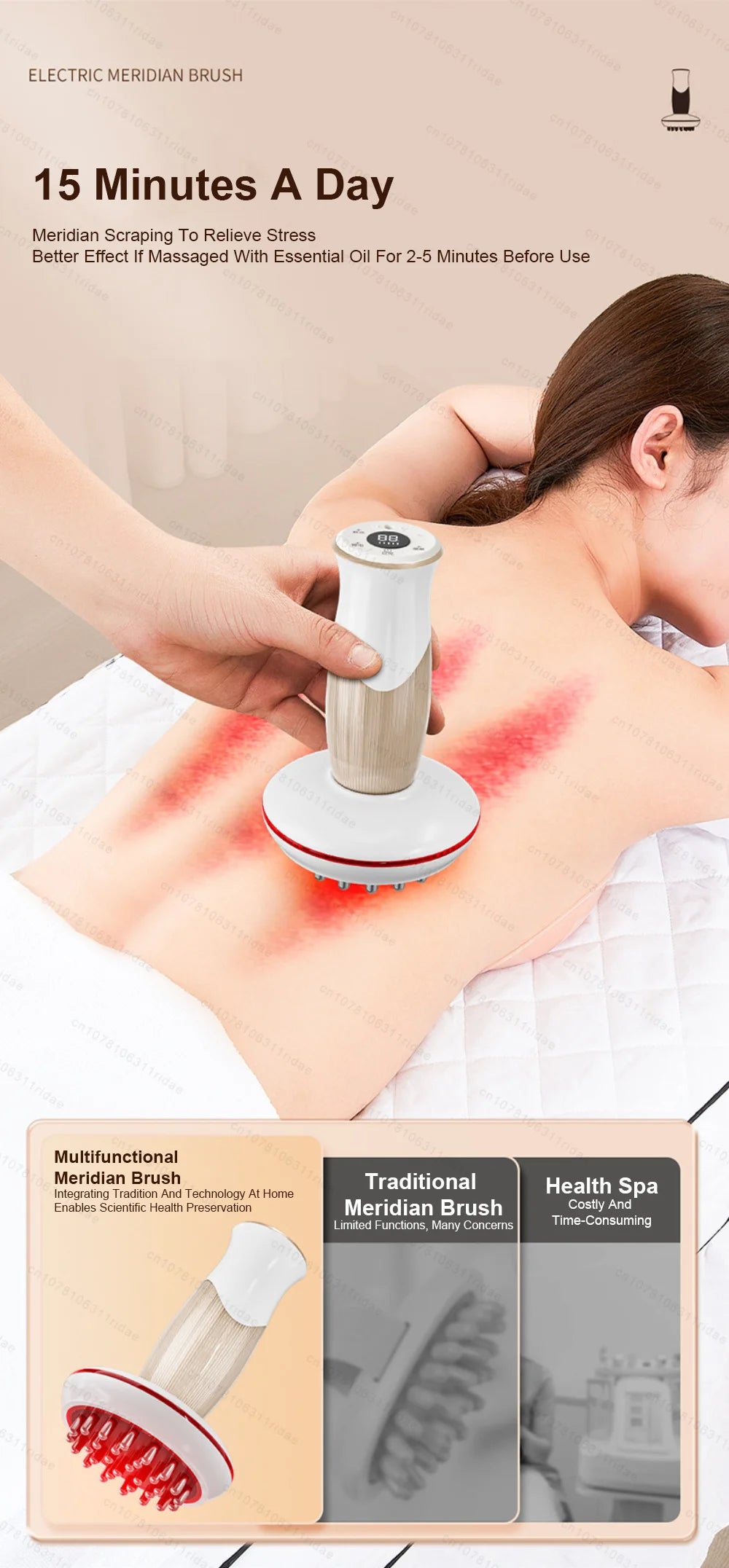 A woman is using an electric meridian brush on her shoulder, demonstrating a massage technique for stress relief.