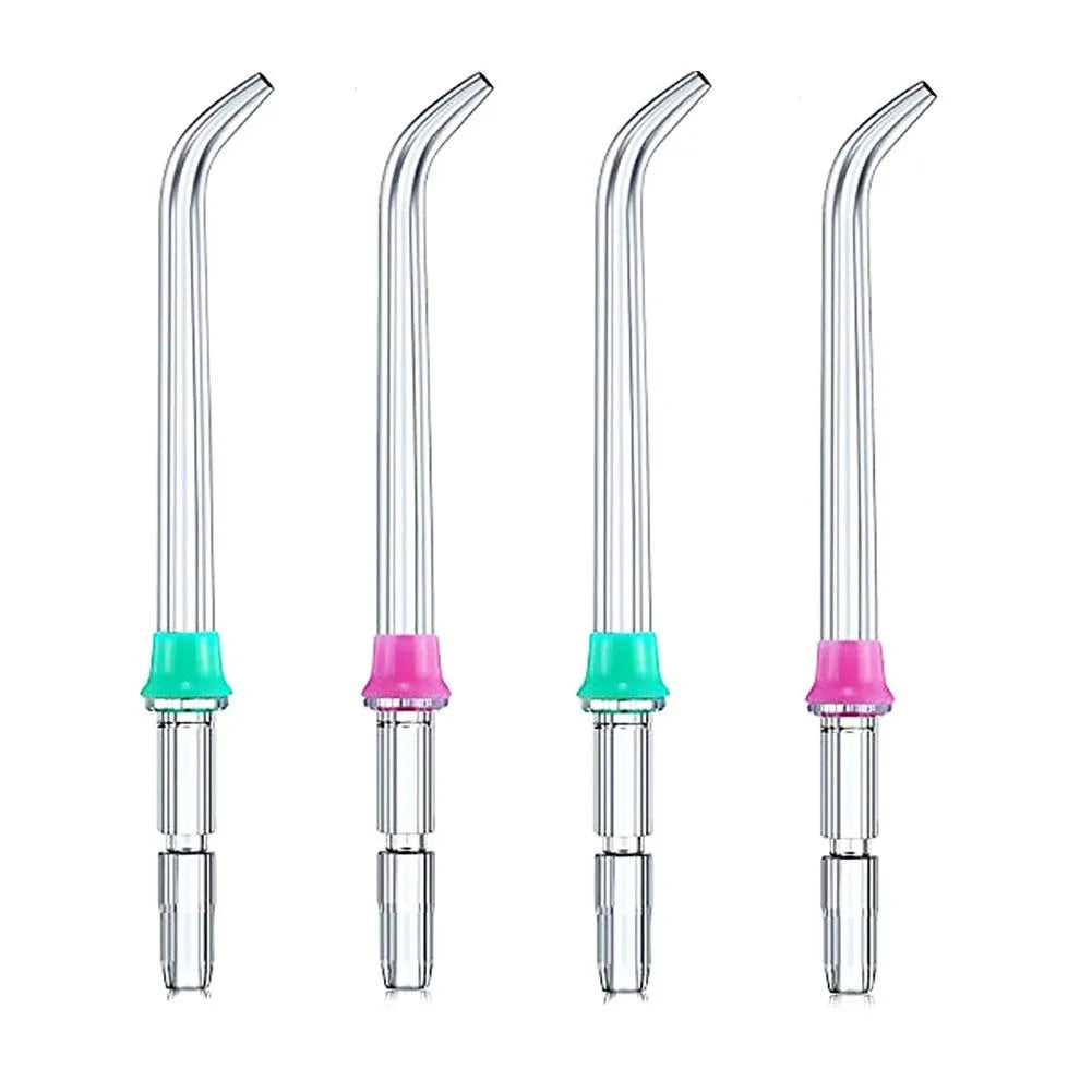 Three replacement tips for water flosser nozzles shown in various angles and colors.