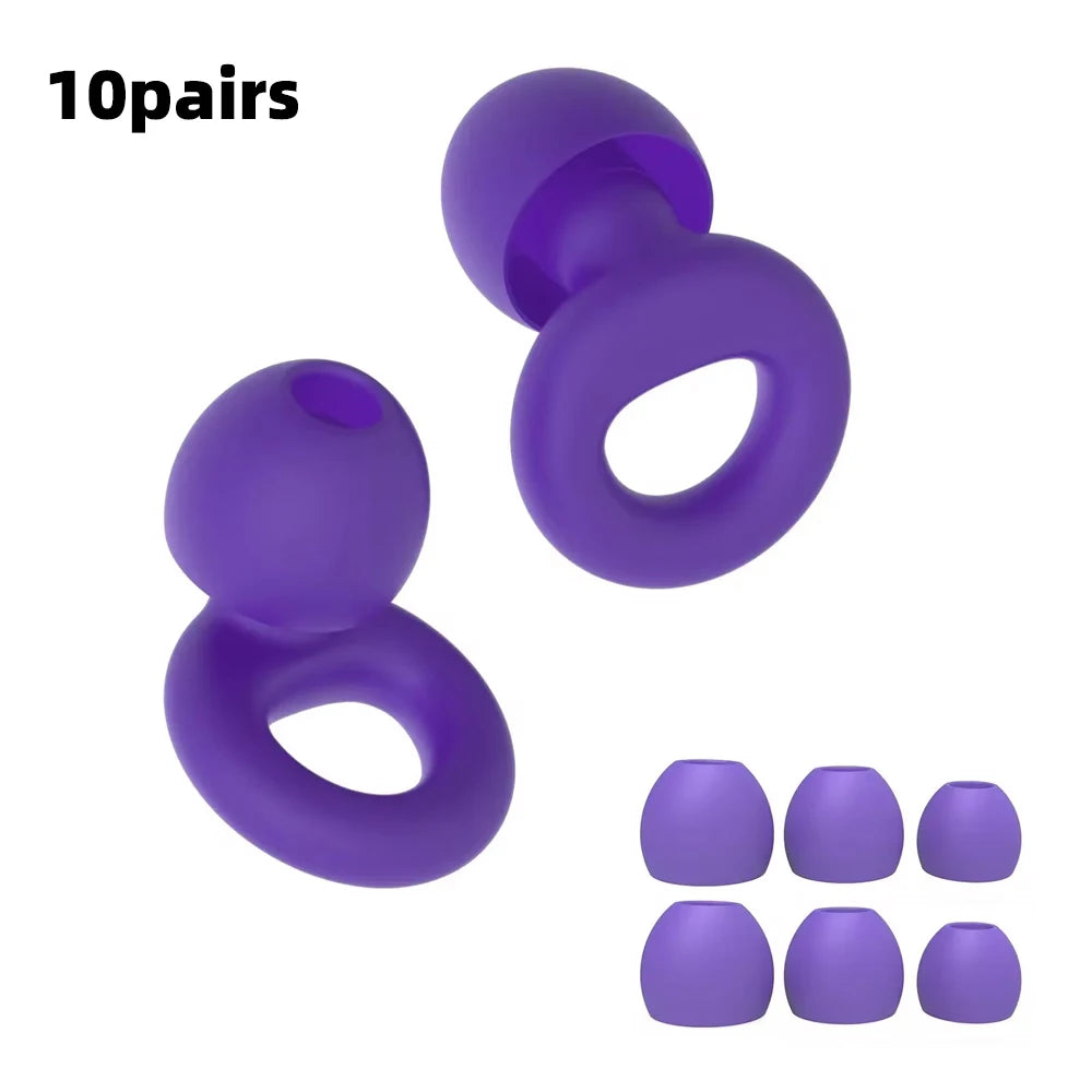 Ten pairs of purple silicone ear plugs for noise reduction