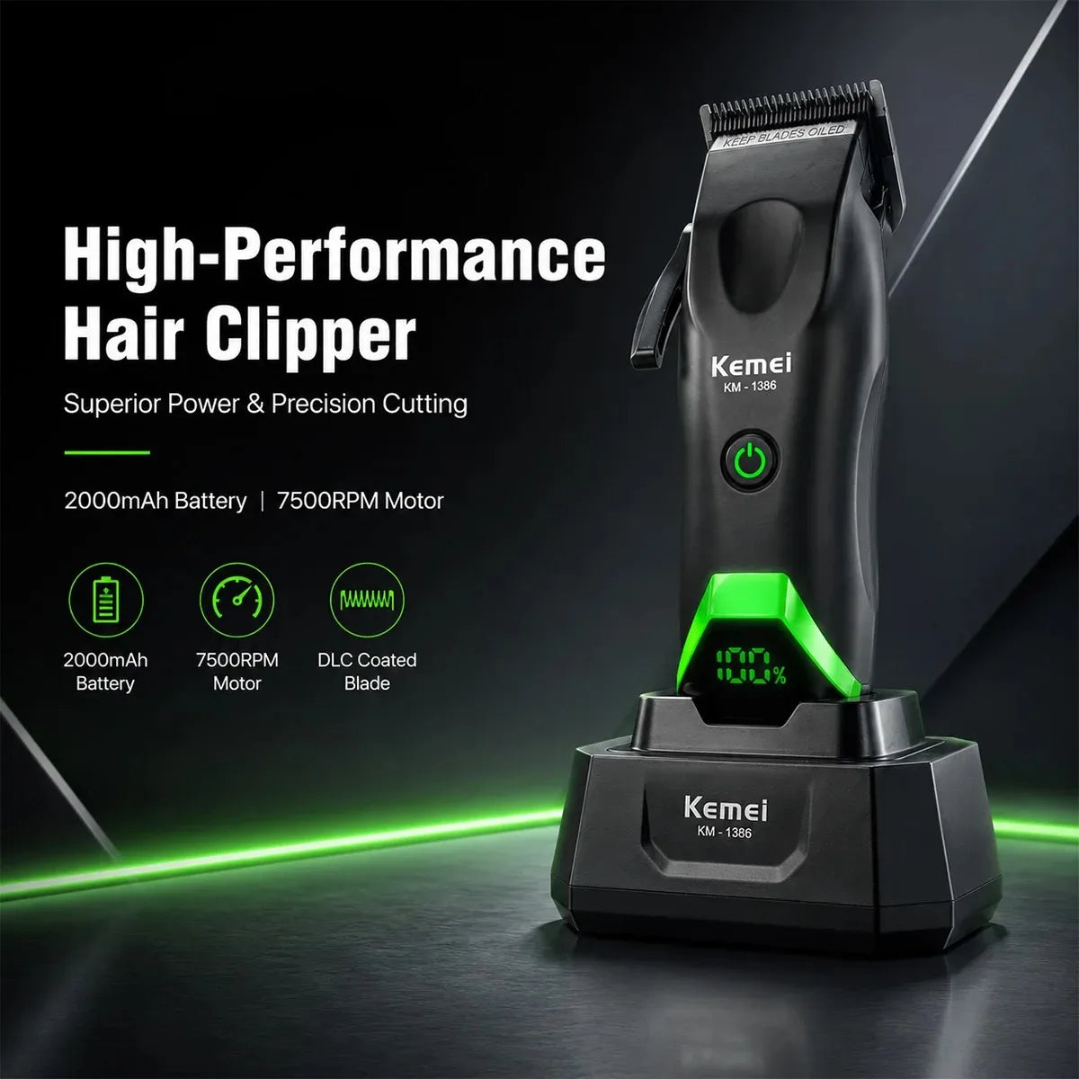 A black Kemei high-performance hair clipper with a green blade and LED display resting on a dark surface.