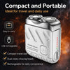 A silver portable electric shaver with a magnetic design shown against a dark, fiery background.