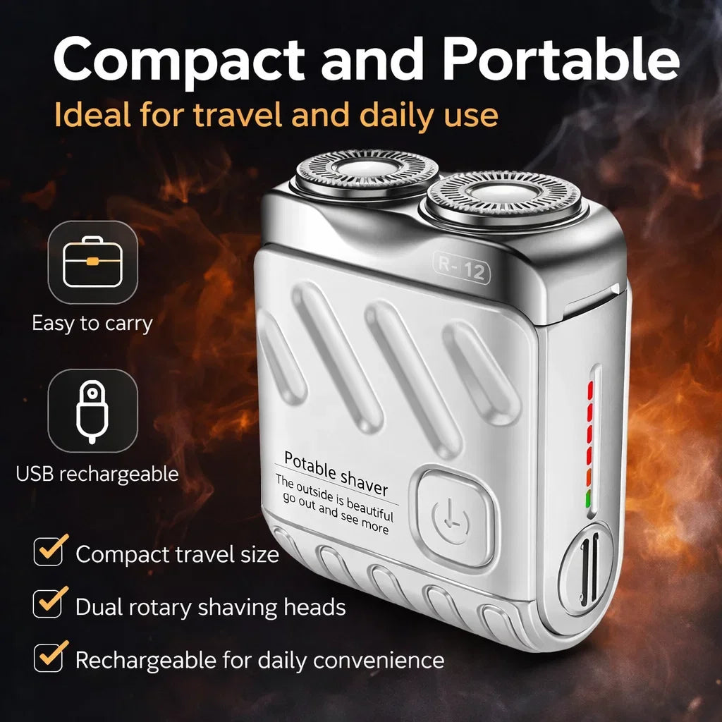 A silver portable electric shaver with a magnetic design shown against a dark, fiery background.