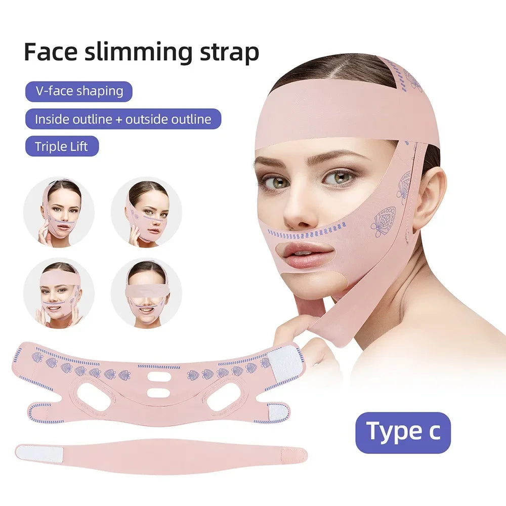 A pink facial slimming strap is shown being applied to a woman's face, demonstrating V-face shaping and triple lift features.