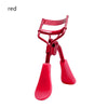 A set of red professional eyelash curlers with pink rubber tips.