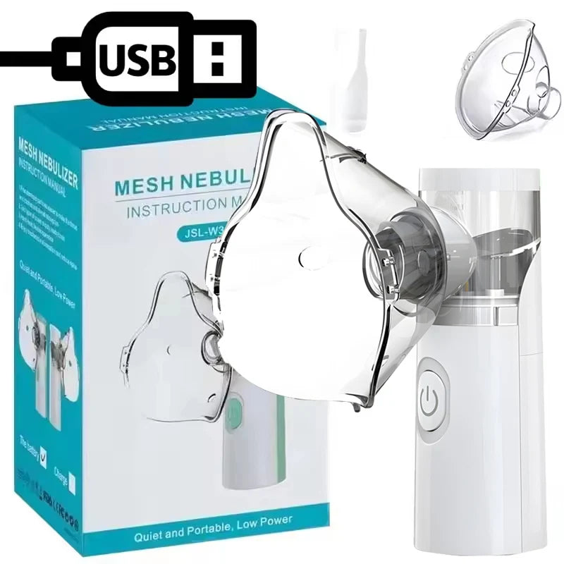 A white portable mesh nebulizer device shown next to its box and a USB charging cable.
