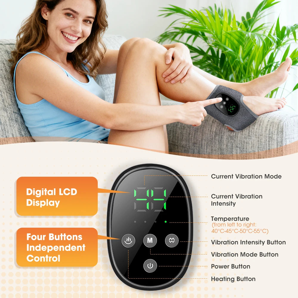 A woman is using a black heated ankle massager with a digital LCD display and four buttons to relieve muscle soreness.