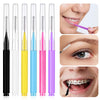 A set of precision eyebrow and lash brushes in various colors including black, yellow, blue, pink, and purple.