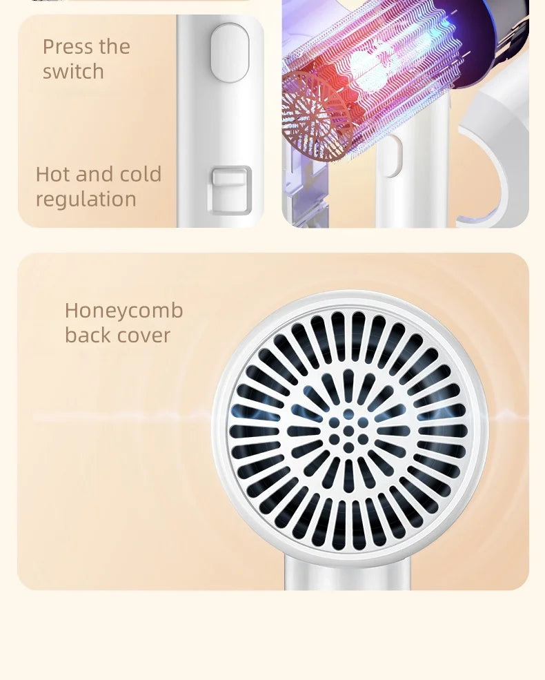 Close-up of a professional wall-mounted hair dryer featuring a honeycomb back cover and a switch for hot and cold regulation.