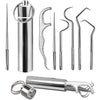 A set of reusable aluminum toothpicks and cleaning tools for oral hygiene.