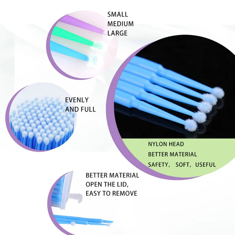 Various sizes of nylon eyelash extension cleaning swabs and a close-up of the product details.