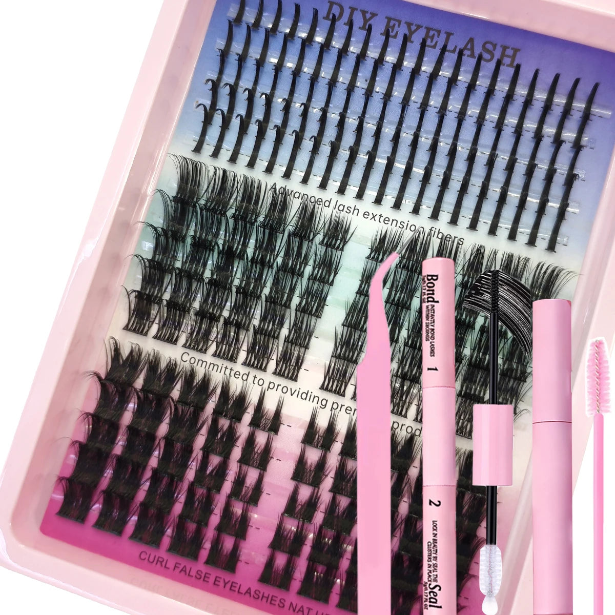 A pink plastic kit containing various lash extension fibers and tools for DIY eyelash extensions.