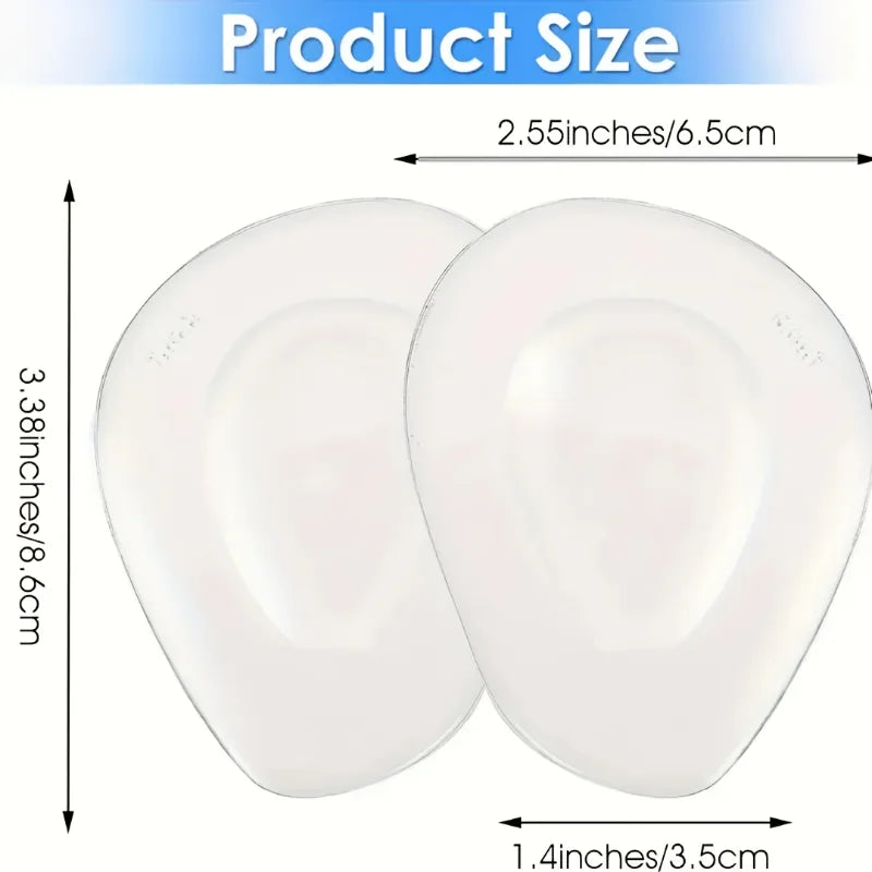 Pair of clear silicone forefoot insoles with dimensions 2.55 inches by 3.38 inches.