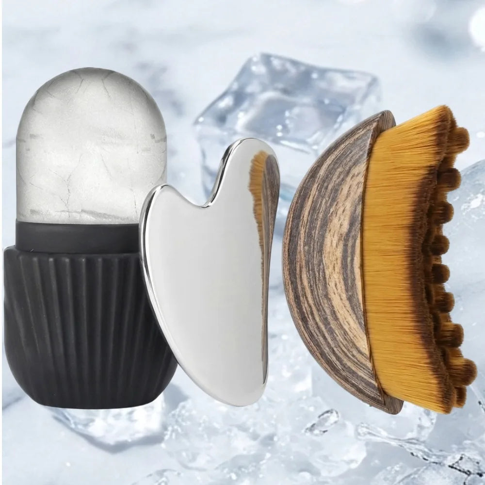 Stainless steel gua sha tool and ice roller set resting on ice
