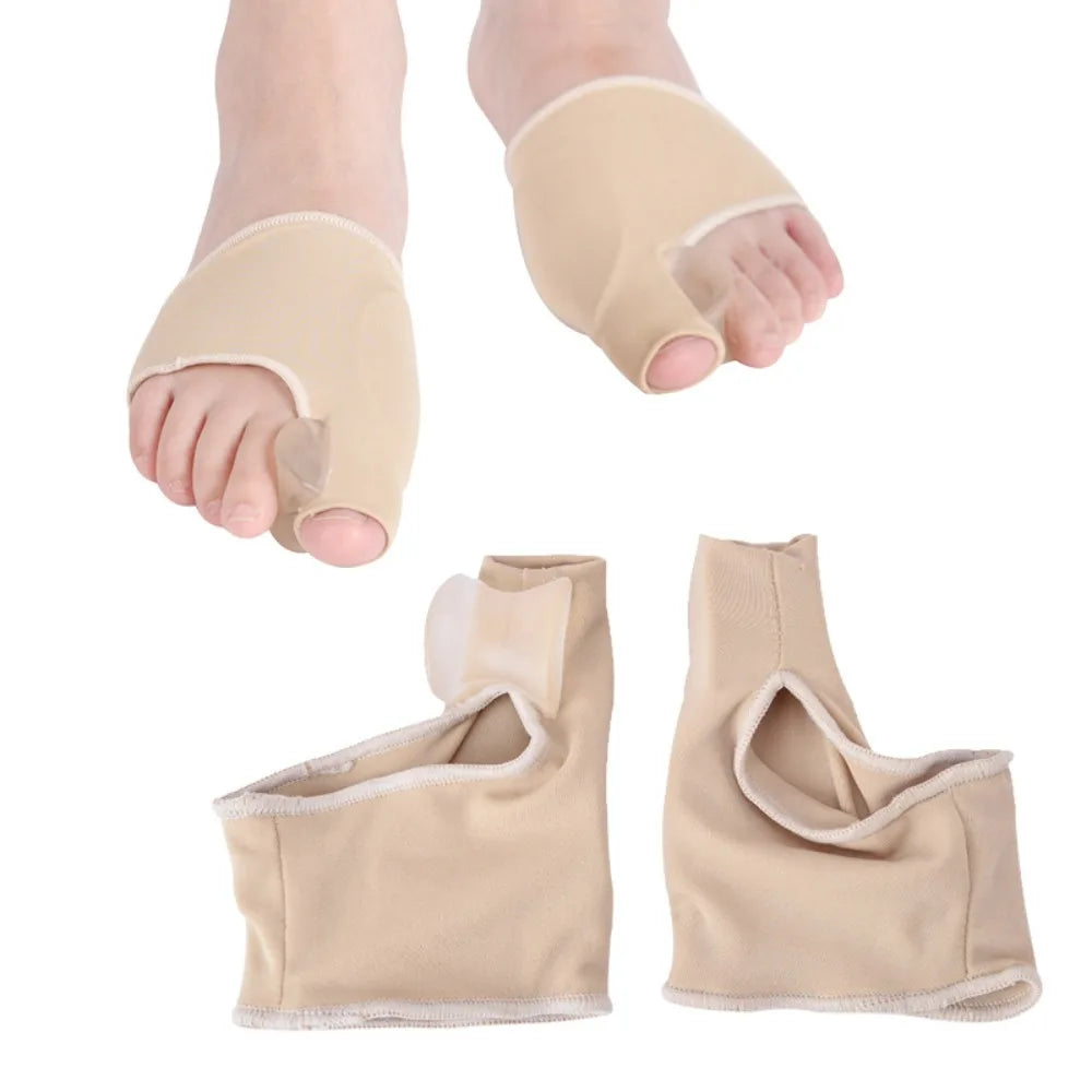A set of beige orthopedic toe separators and corrector pads for foot care.