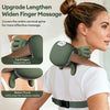 A woman is using a green electric neck massager to massage her cervical spine and shoulder muscles.