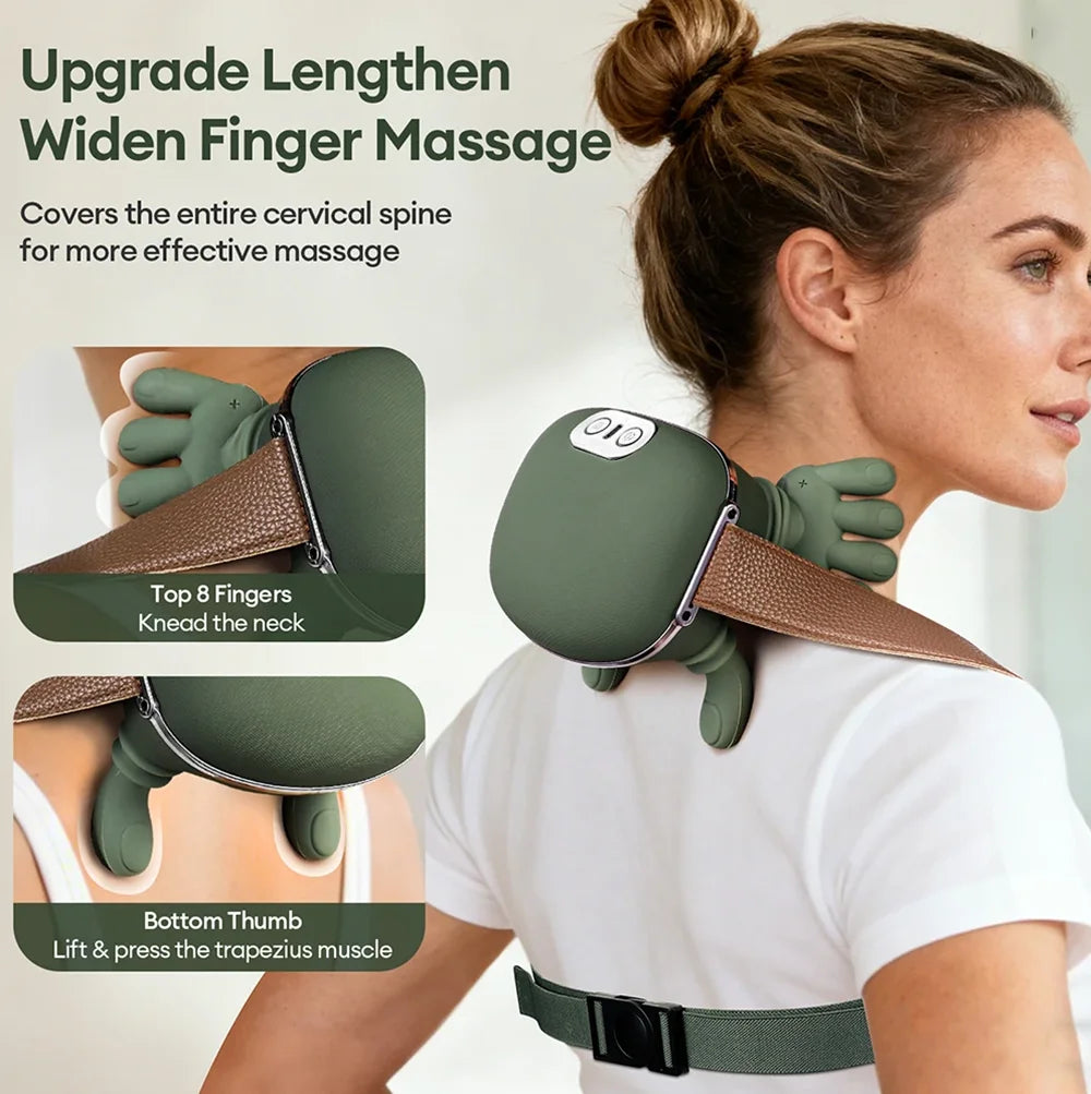 A woman is using a green electric neck massager to massage her cervical spine and shoulder muscles.