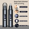 A pair of black nose hair trimmers with LED display and Type-C charging cable shown next to a person's nose and ear.