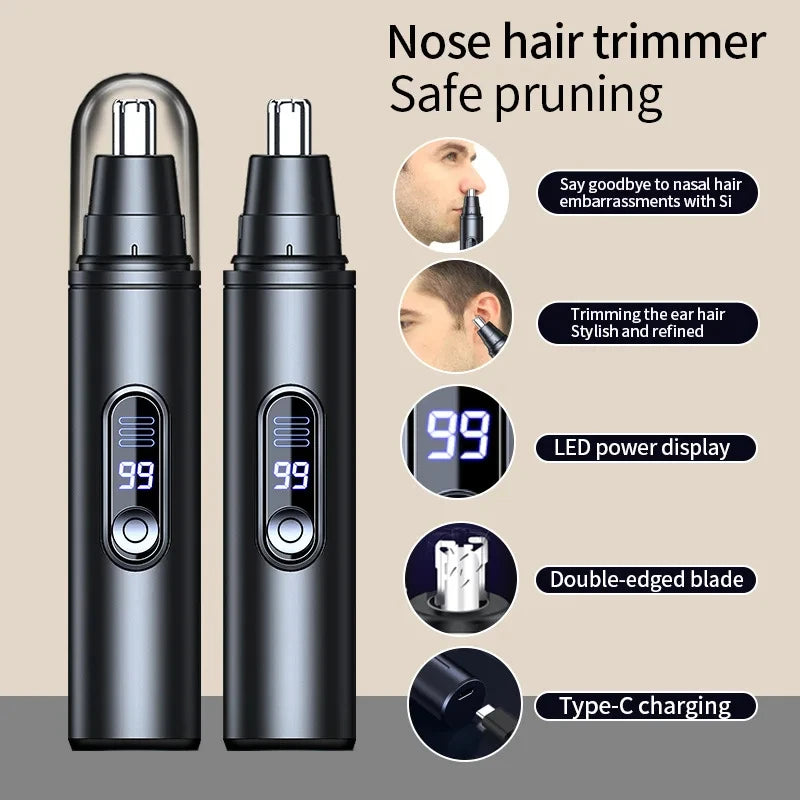 A pair of black nose hair trimmers with LED display and Type-C charging cable shown next to a person's nose and ear.