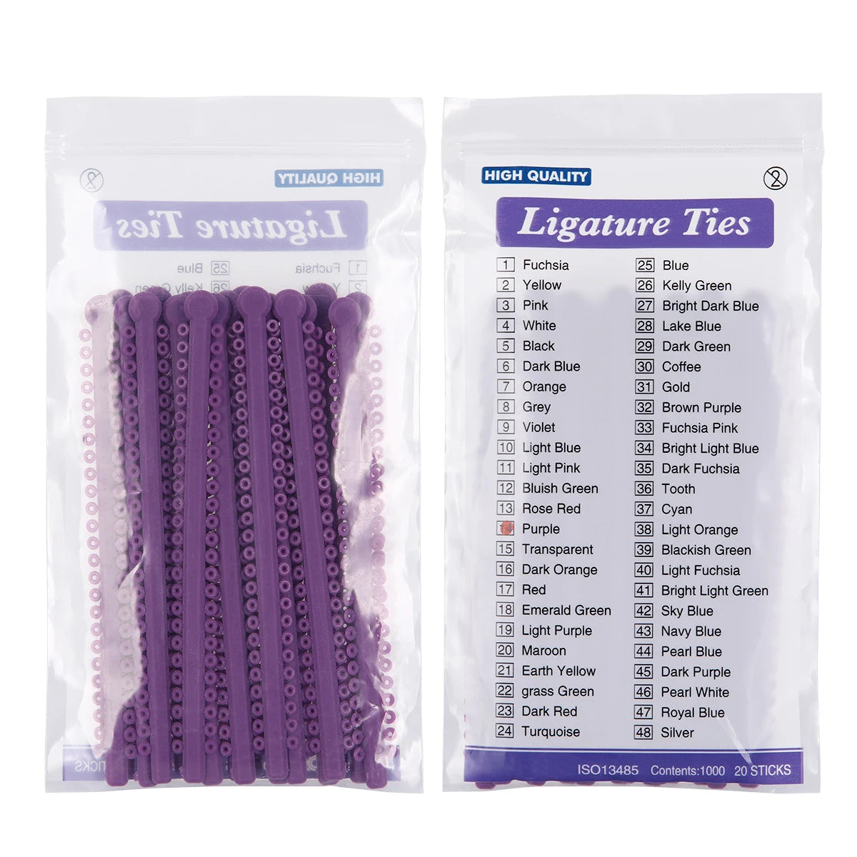 Pack of 20 silicone ligature ties in various colors for dental orthodontic use