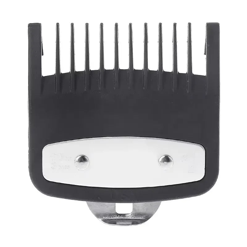 A black precision hair clipper guide comb set with a silver blade and plastic housing.